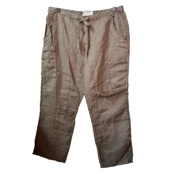 FREE PEOPLE Linen Pants Womens S Cargo Crop Patchwork Utility Green Relaxed Fit - Picture 2 of 15